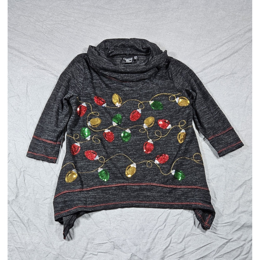 Onque Casual Christmas Lights‎ Sequin Cowl Neck Sharkbite Tunic Gray PM Womens